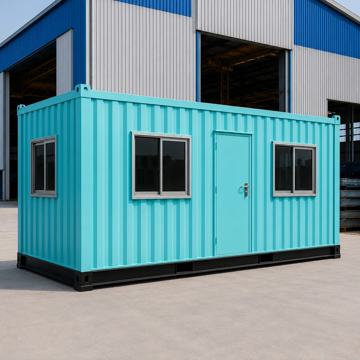 Cyan 20x10 ft GI site office cabin, angled exterior view