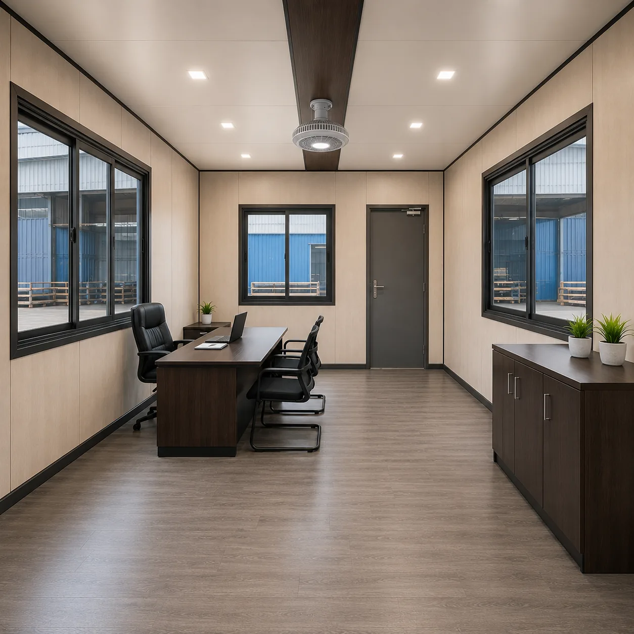 20x10 ft GI cabin interior with meeting desk, chairs and storage unit