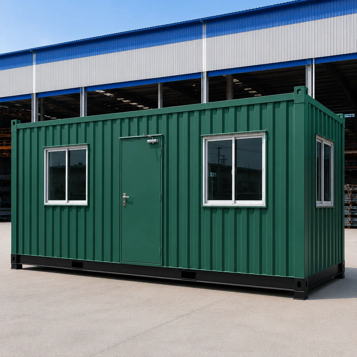Dark-green 20x10 ft GI porta cabin with door and two windows, angled view