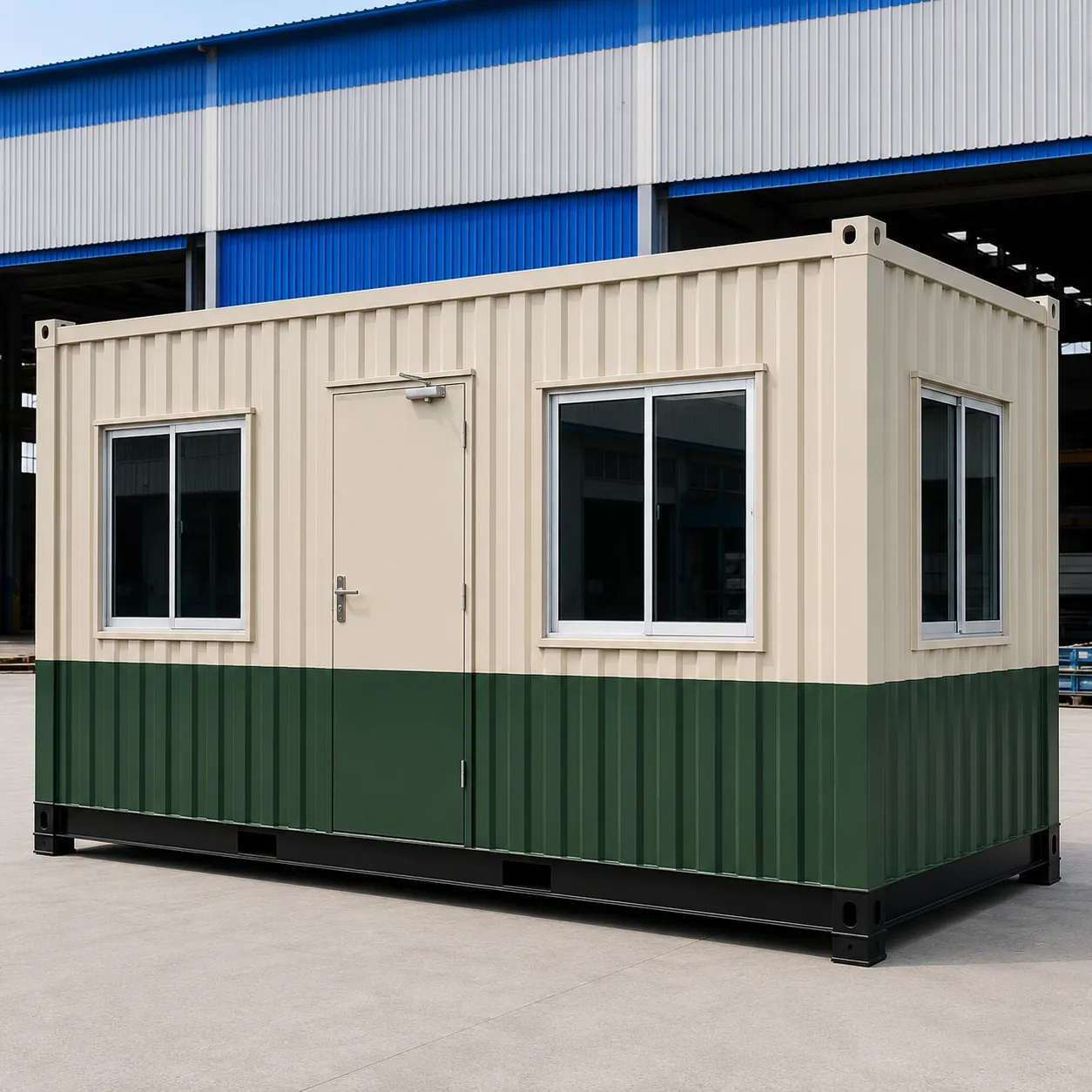 Cream and green two-tone 20x10 ft GI porta cabin, angled long-wall view