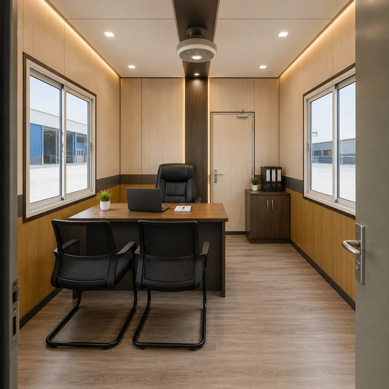 20x10 ft GI cabin interior in wood finish with office desk and door