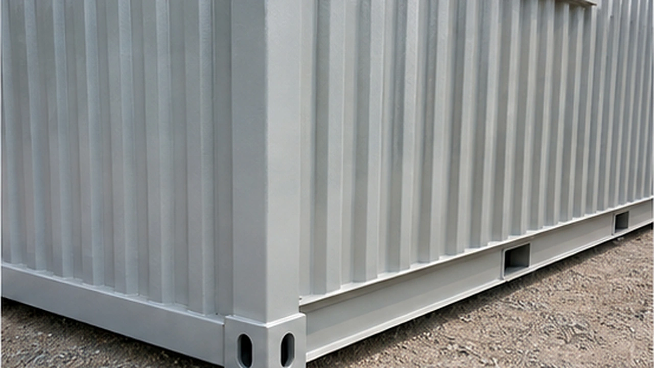 Corner of a GI porta cabin chassis showing base member, forklift pockets and coated underside