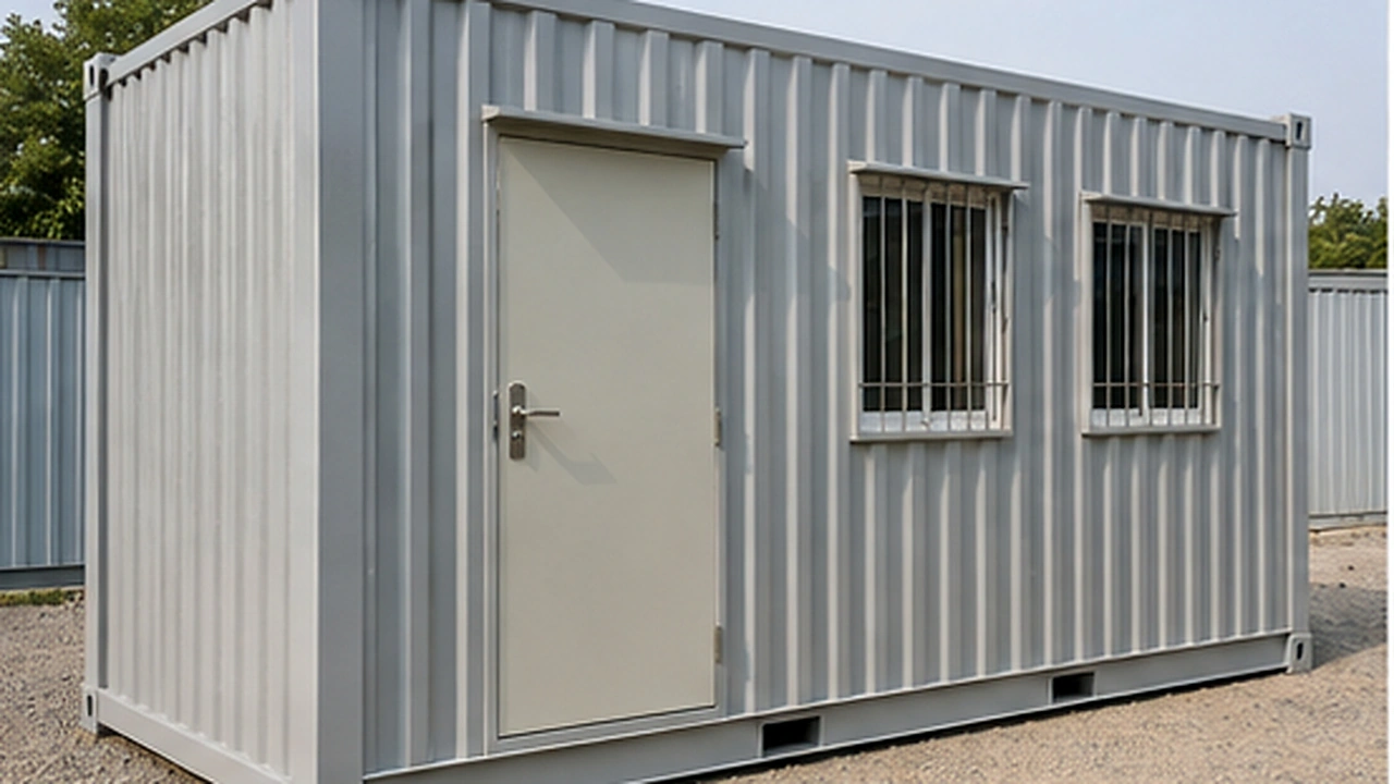 Grey corrugated GI porta cabin with steel door and two grilled sliding windows in a stock yard