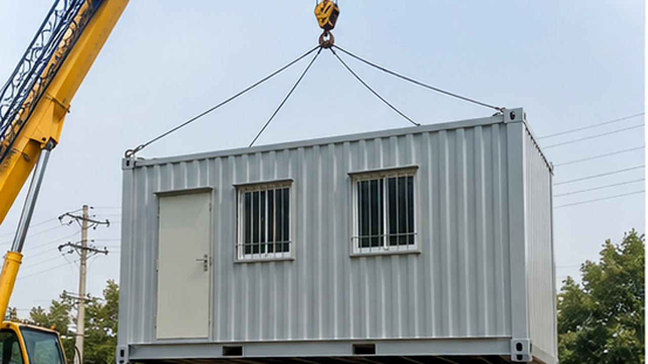 GI porta cabin lifted on slings by a mobile crane during positioning; crane and rigging are arranged by the buyer unless quoted