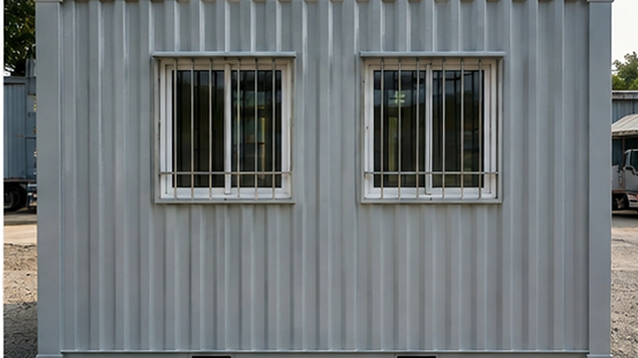 Front elevation of a grey GI porta cabin showing two grilled windows and corrugated cladding