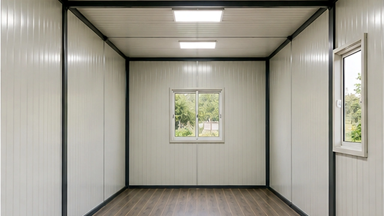 GI porta cabin interior with pre-painted metal liner walls, ceiling lights and wood-look vinyl floor