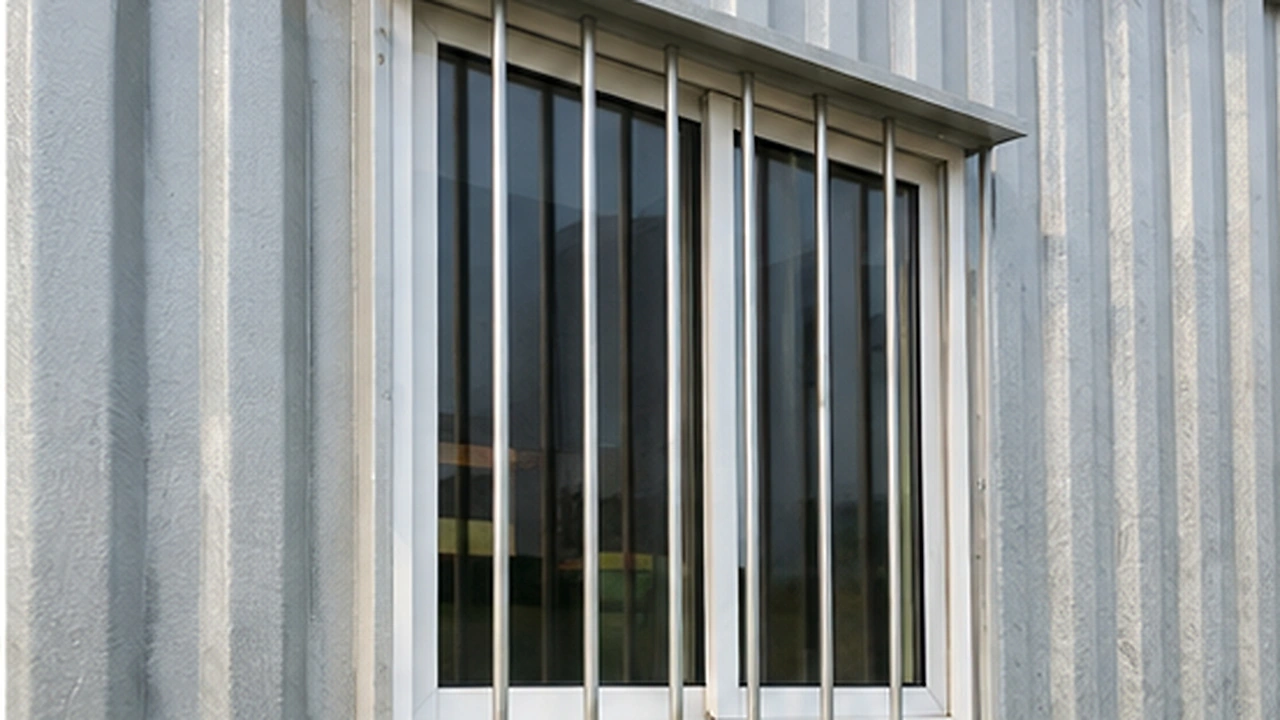 Close view of a grilled sliding window set in corrugated zinc-coated wall sheet
