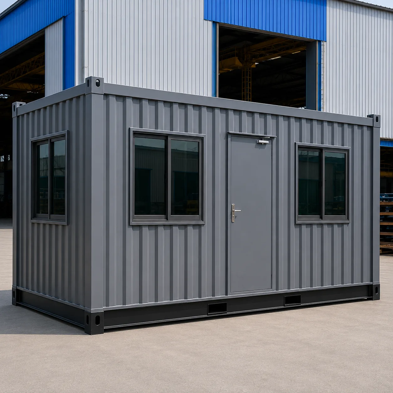 Dark grey corrugated GI porta cabin 20x10 ft with a central door and three sliding windows in a factory yard