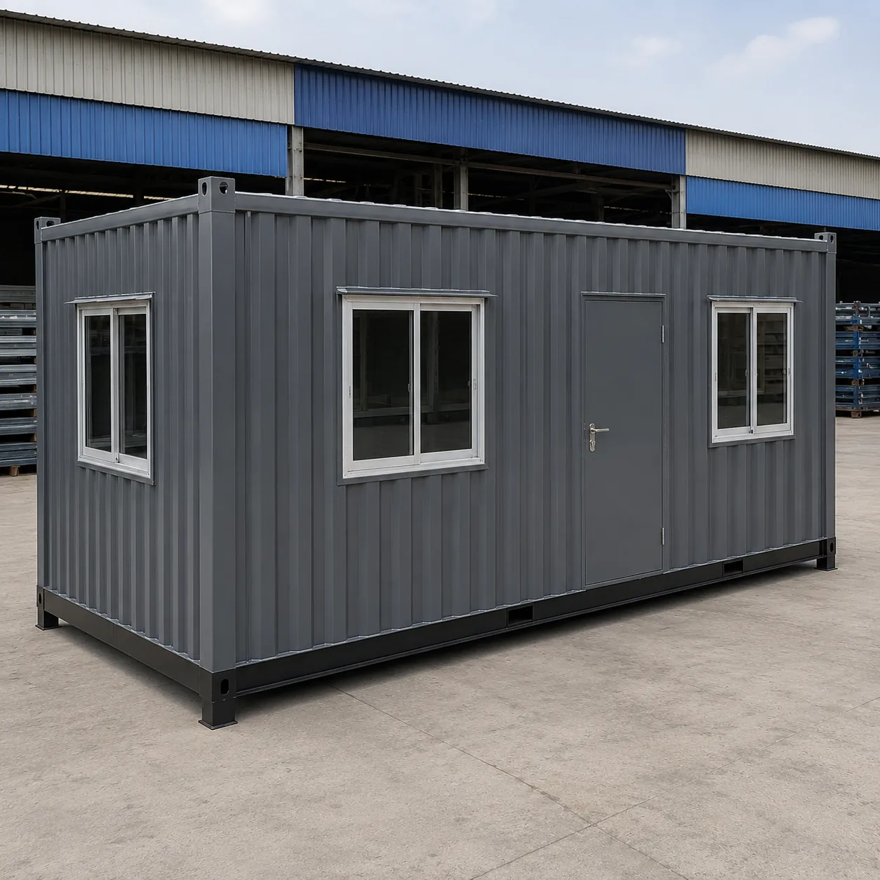 Dark grey 20x10 ft knock-down porta cabin on a factory apron