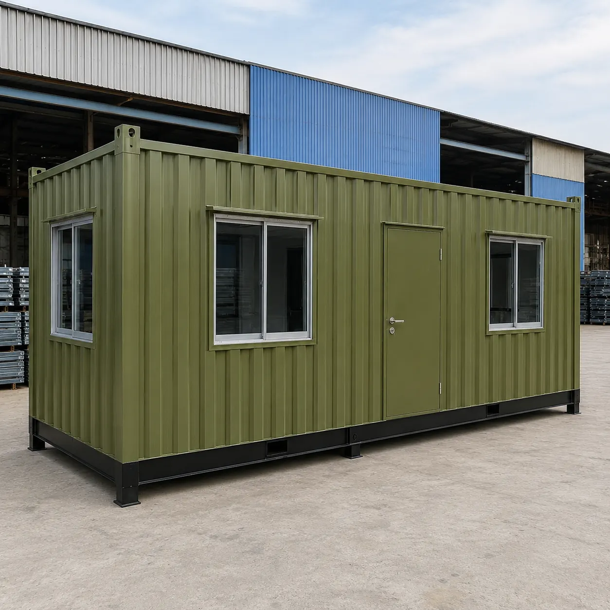 Olive green 20x10 ft cabin with matching door and three sliding windows