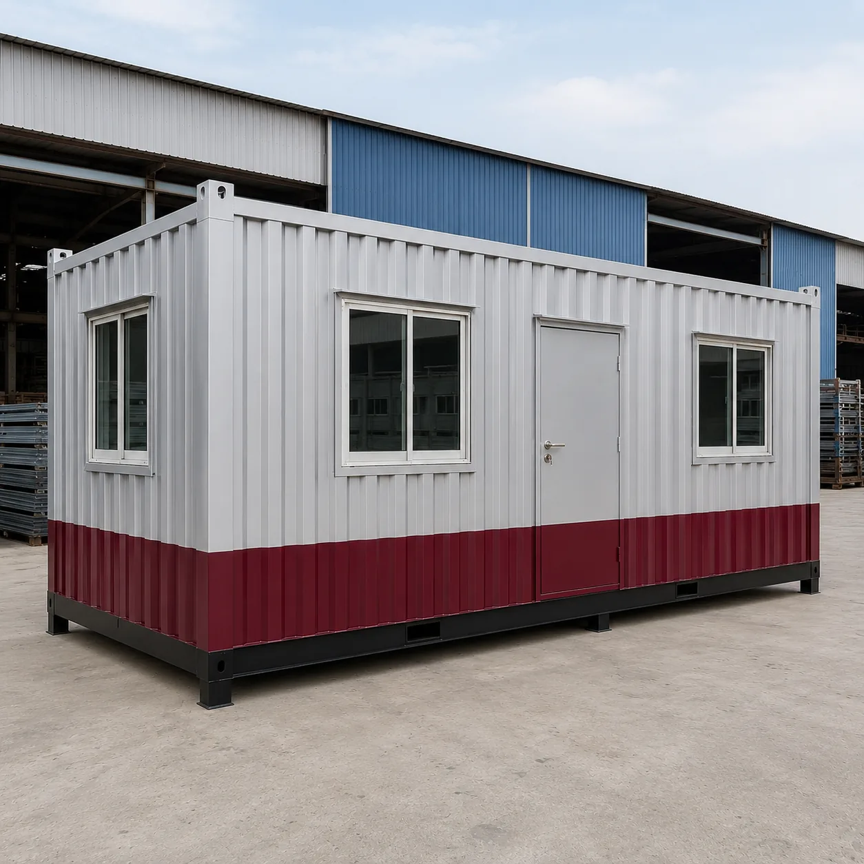 White 20x10 ft knock-down porta cabin with maroon skirt and three sliding windows