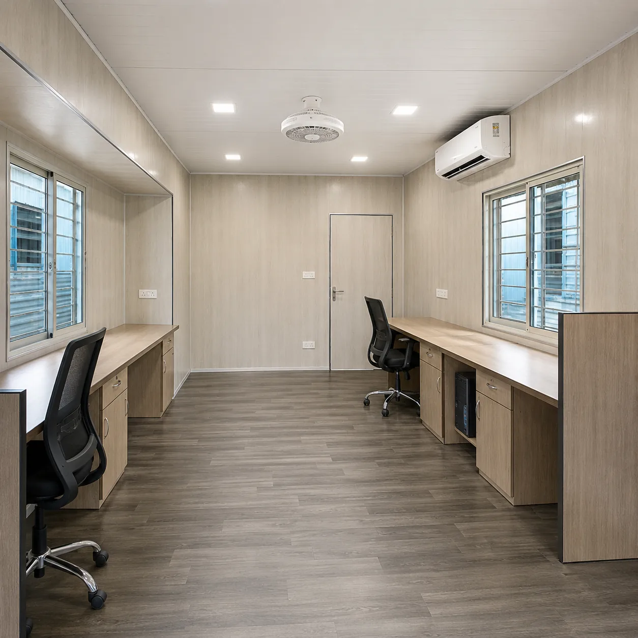 20x10 ft cabin interior with twin desk runs, split air conditioner and ceiling fan