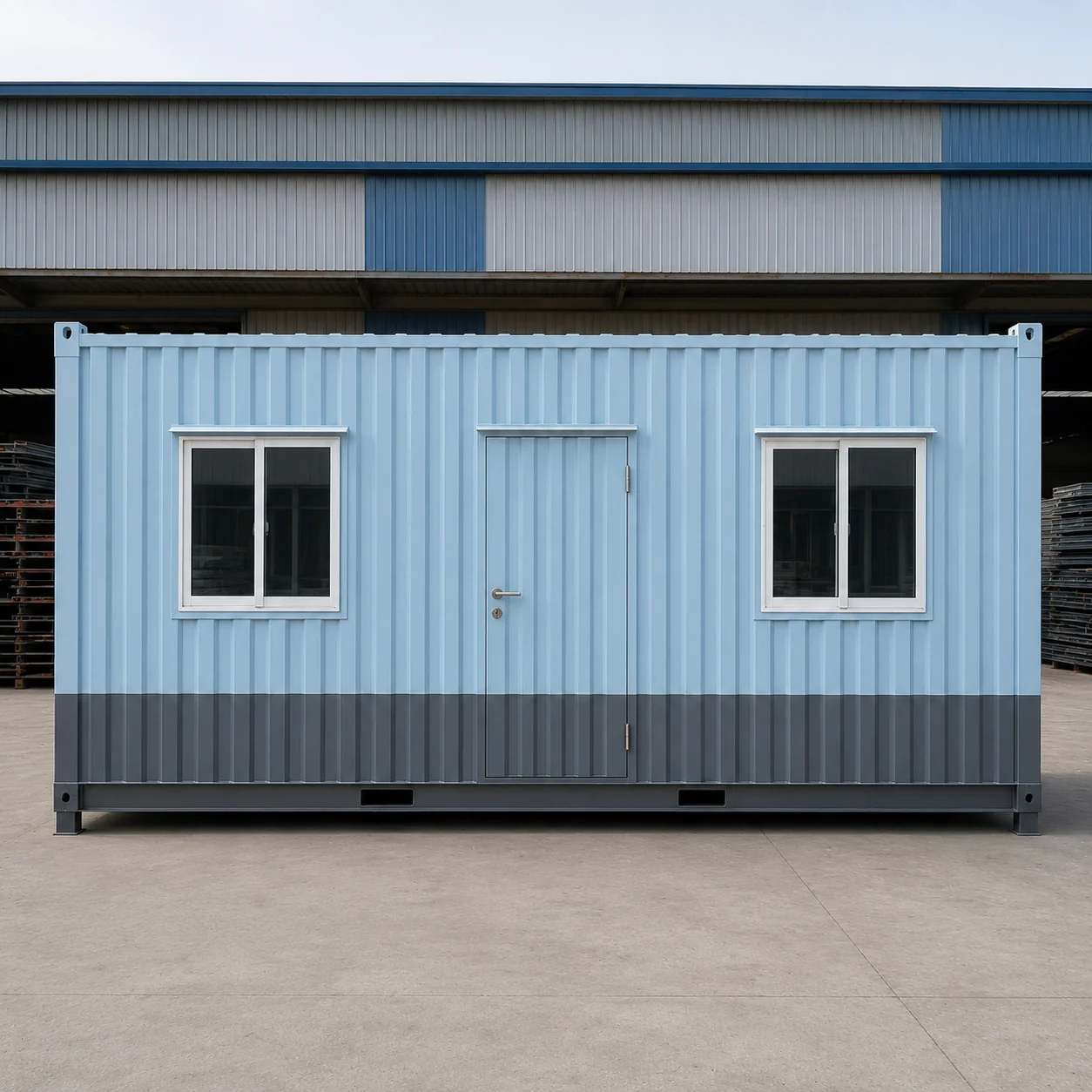Light blue 20x10 ft cabin side elevation with dark grey skirt and forklift pockets