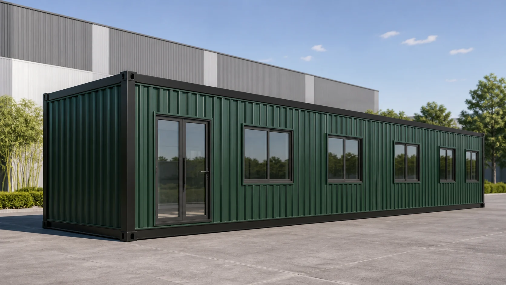 Forest green 40x10 ft knock-down porta cabin with a black frame and five windows
