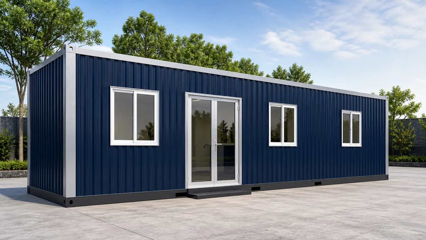 Navy blue 30x10 ft knock-down porta cabin with silver corner posts and a glazed double door