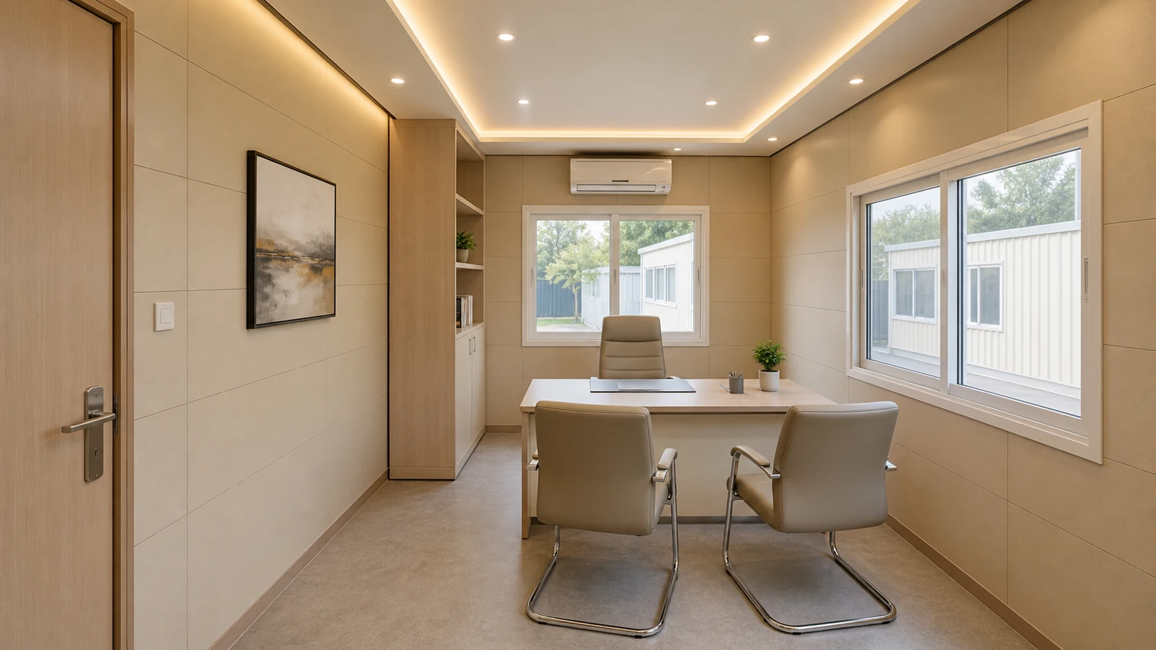 Beige panel-lined 20x10 ft cabin interior with a desk, two visitor chairs and a split air conditioner