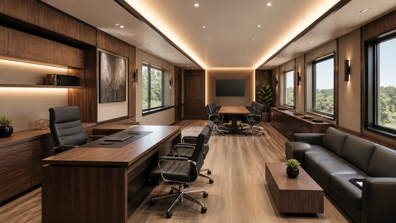 Walnut-panelled 40x10 ft cabin interior with an executive desk, boardroom table and seating area