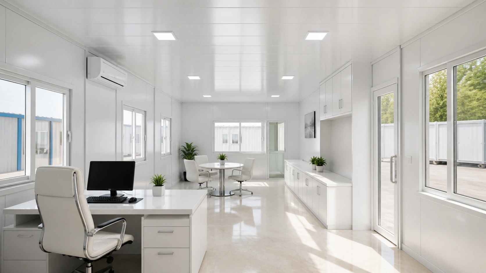 White 30x10 ft cabin interior with a workstation, round meeting table and full-length storage run