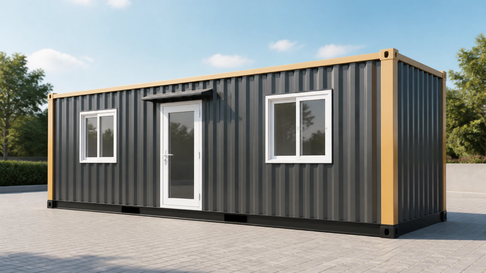 Graphite grey 20x10 ft knock-down porta cabin with champagne corner posts and a white door