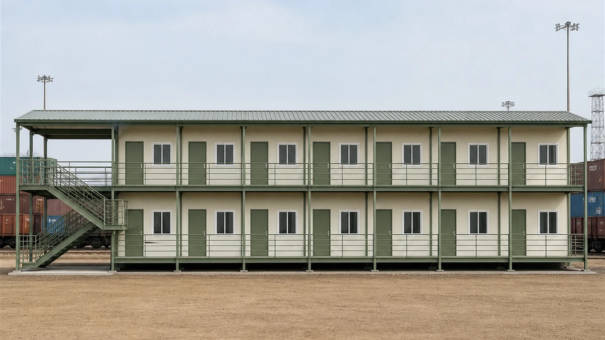 Wide-body 118x30 ft colony building face on, door and window bays repeating along both floors.
