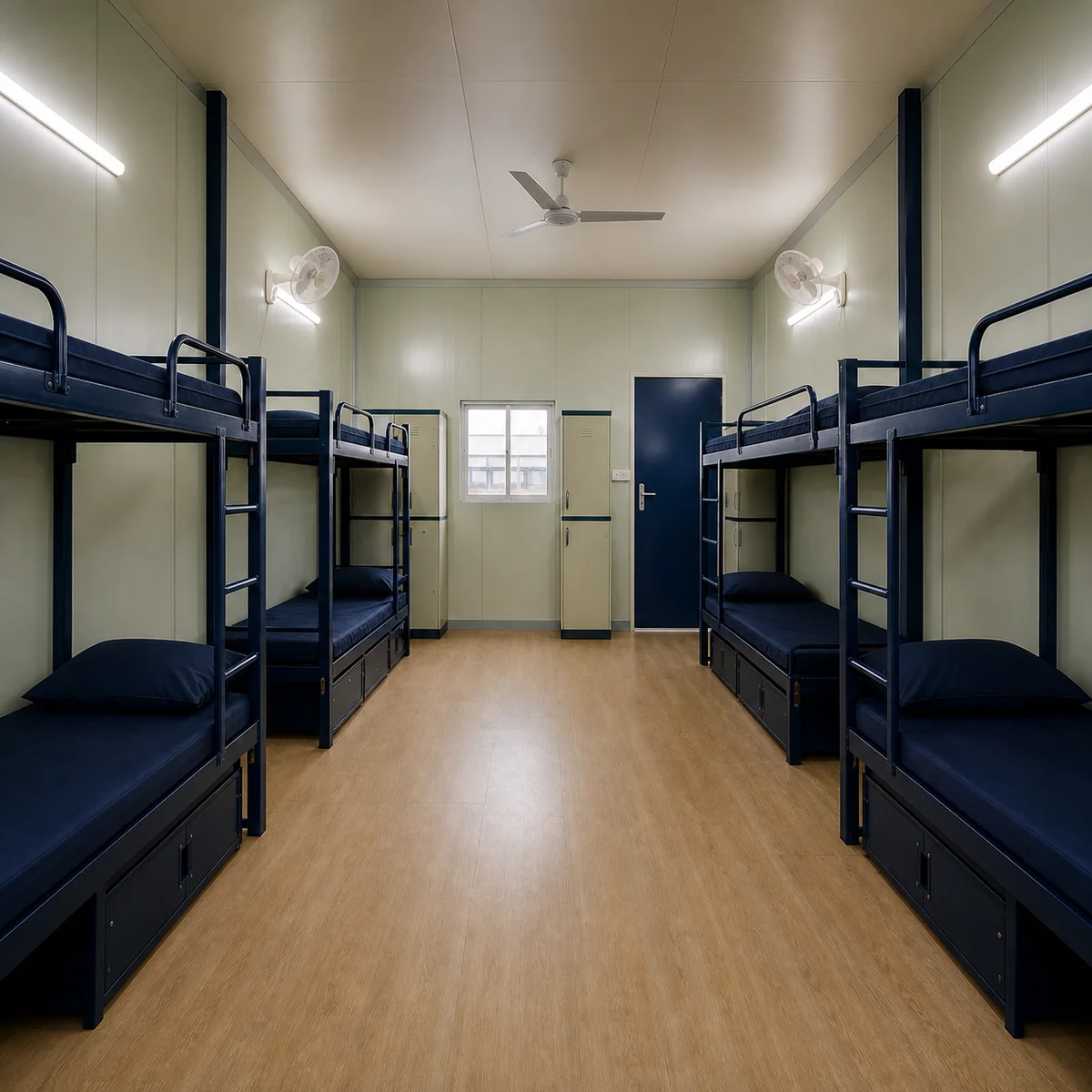 Inside a 120x24 ft G+1 labour colony, double bunks in facing rows in the dormitory block, sleeping planned for 115 to 144 workers.