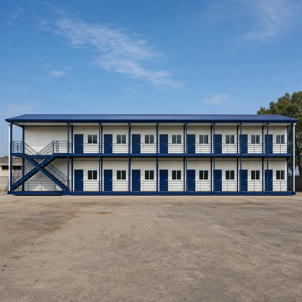 Labour colony, 120x24 ft G+1, flat on across the whole front, both floors on a 120 ft footprint of the multi-block housing build in view.