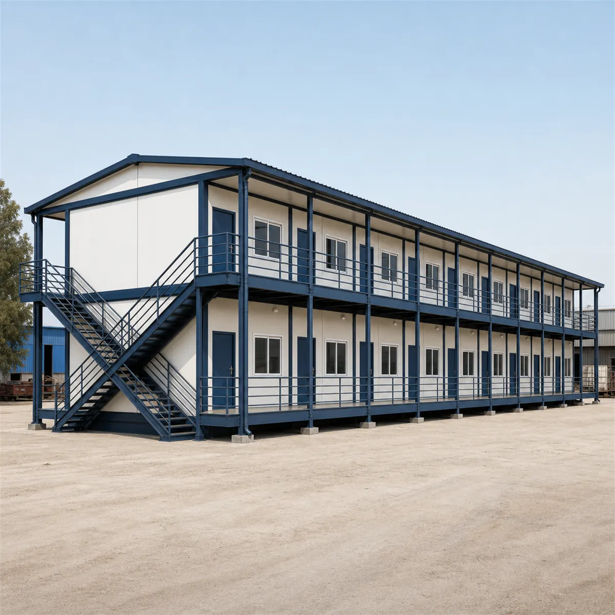 Labour colony, 120x24 ft G+1, from the front left with the end stair, two floors on a 120 ft footprint in the multi-block housing build.
