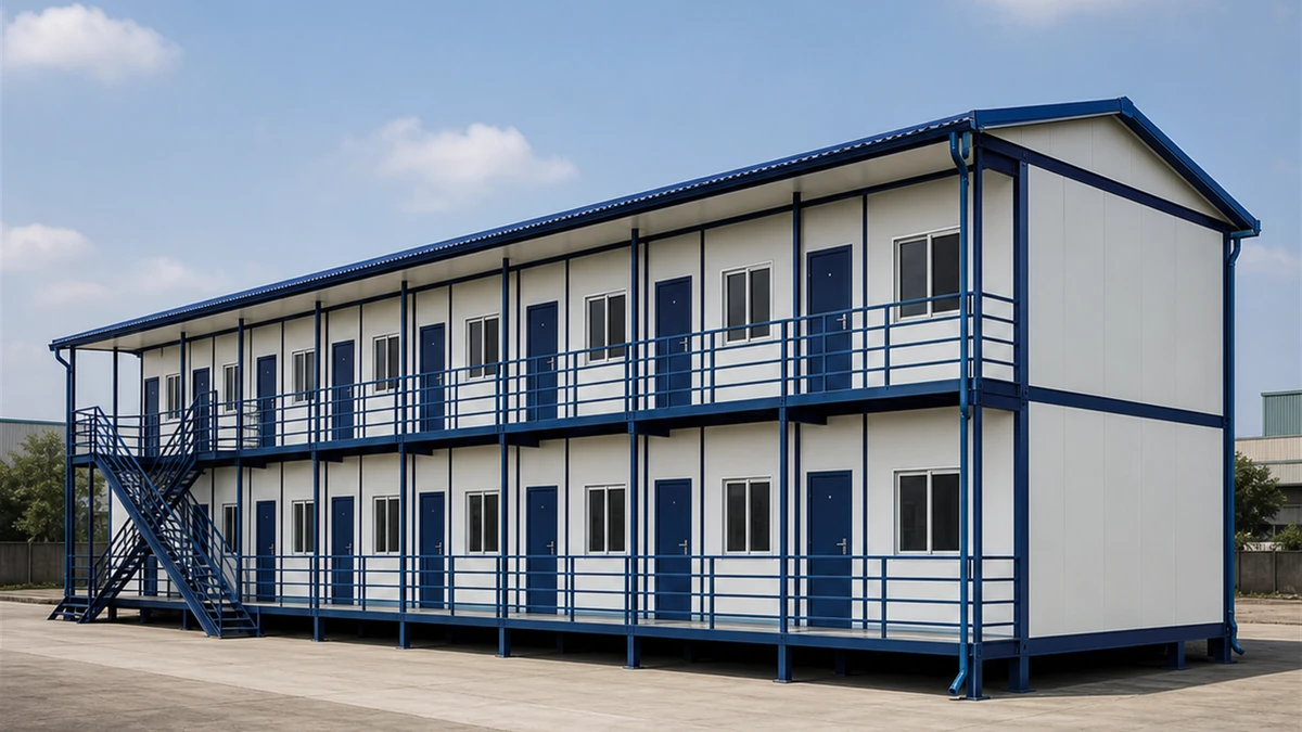 Two-floor labour colony dormitory of 120x24 ft seen across the yard, stair access and walkway rails along the full front.