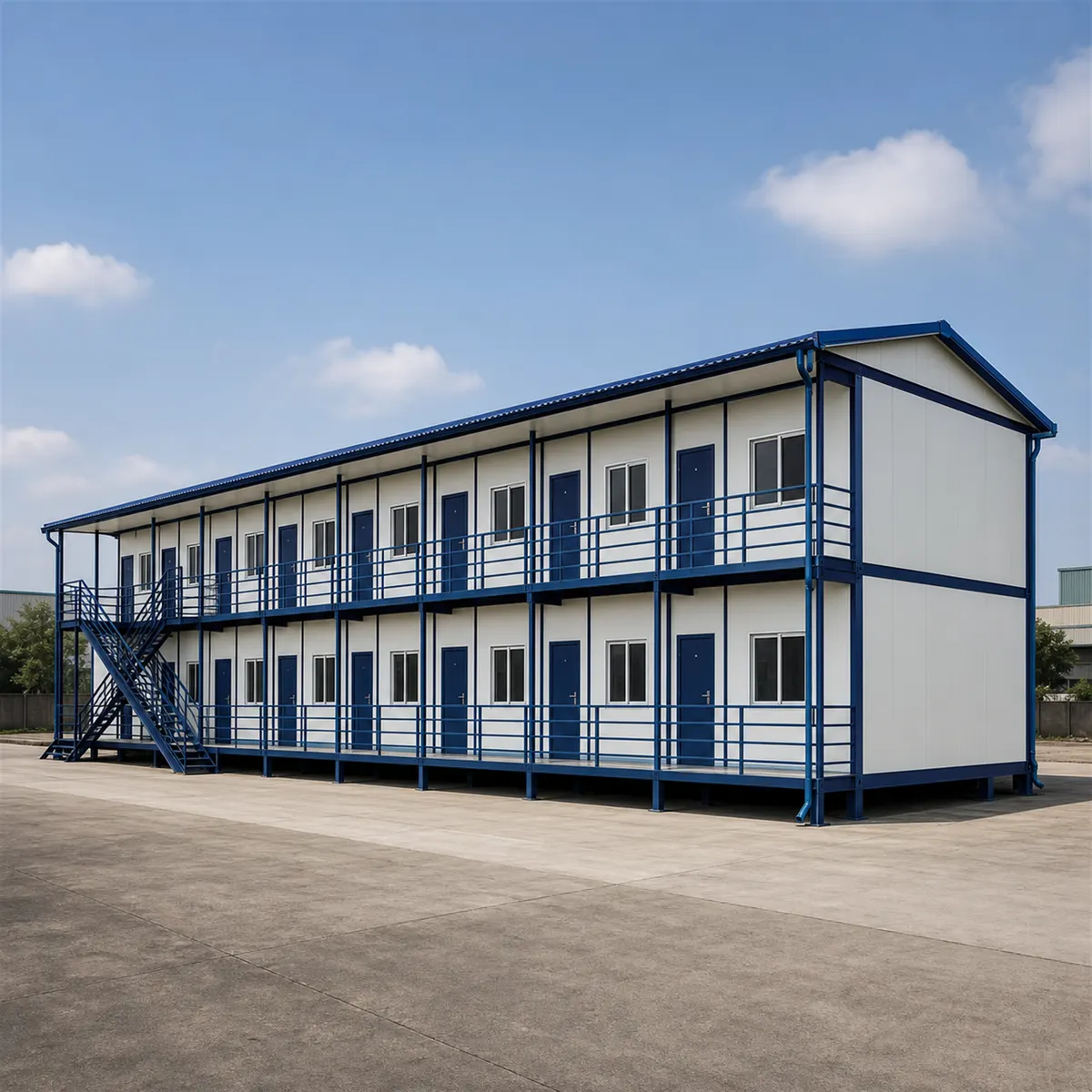 Labour colony, 120x24 ft G+1, from the front right corner, both floors on a 120 ft footprint of the multi-block housing build in view.