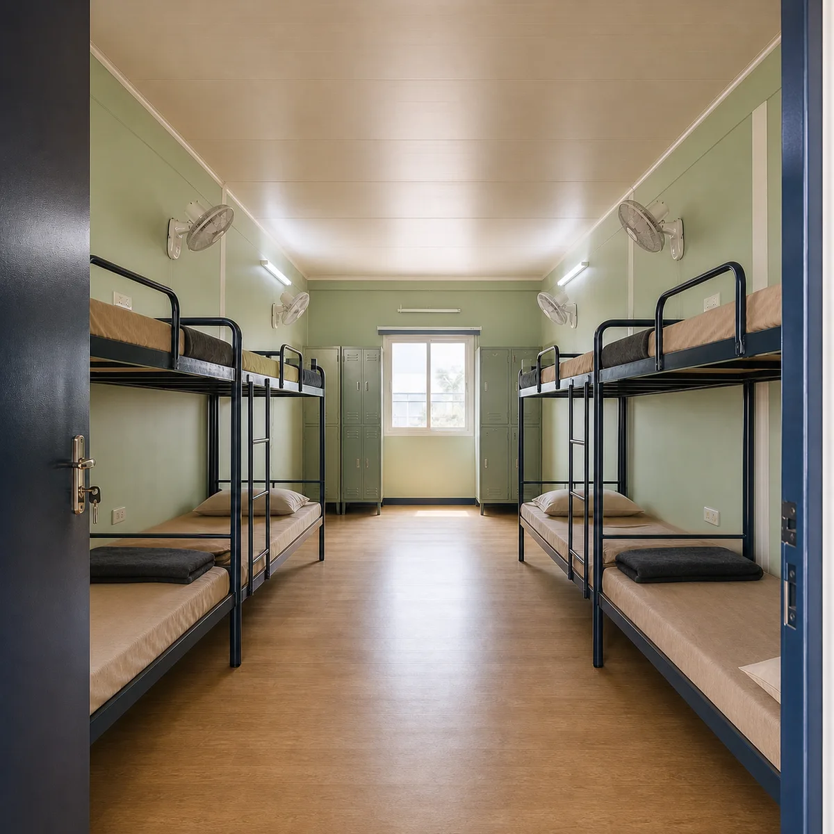 Inside a 120x24 ft G+1 labour colony, the entrance end of the room in the dormitory block, sleeping planned for 115 to 144 workers.