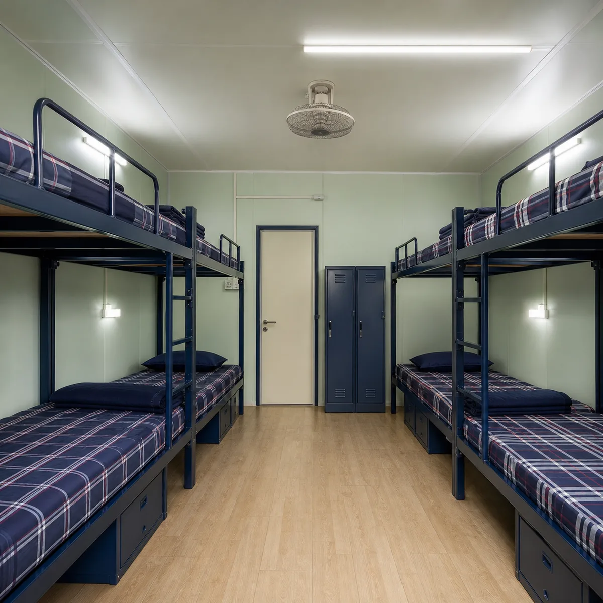 Inside a 120x24 ft G+1 labour colony, the return view toward the door in the dormitory block, sleeping planned for 115 to 144 workers.