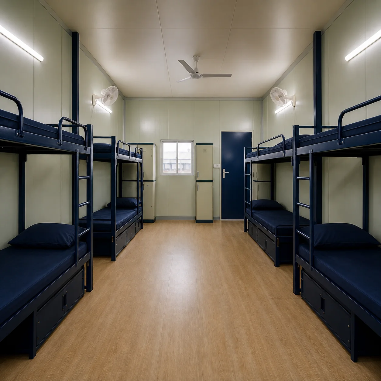 Colony dormitory with four double-tier bunks, tall lockers either side of the window and wall fans