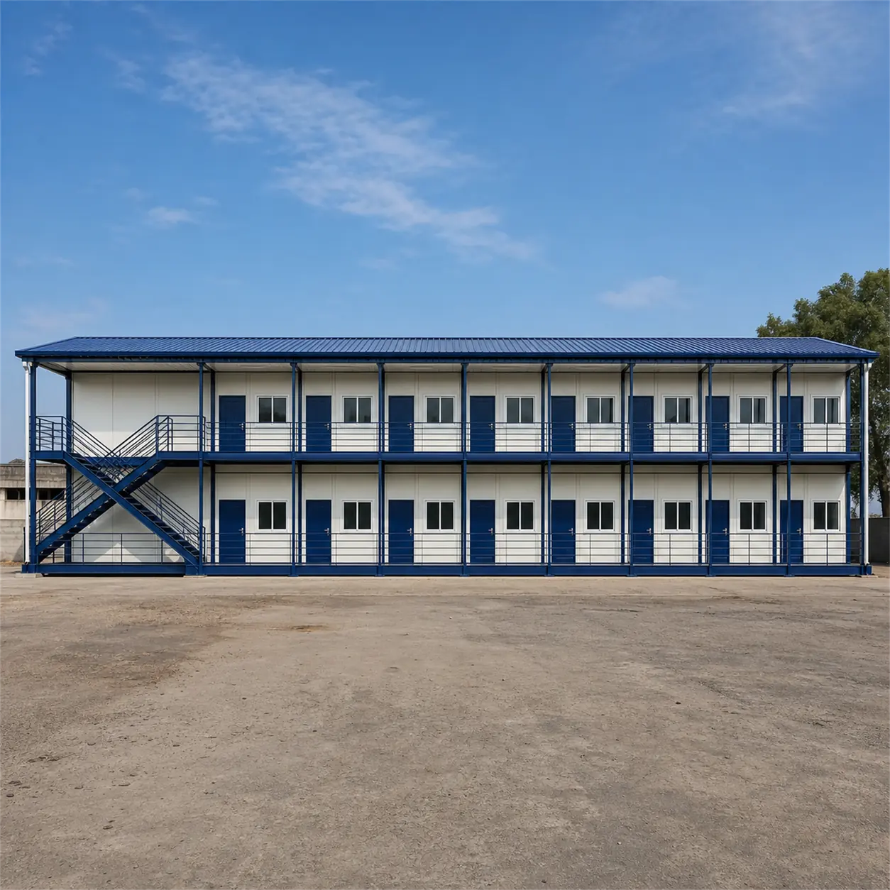 Front elevation of the 120x24 ft colony block showing eight door and window bays on each floor