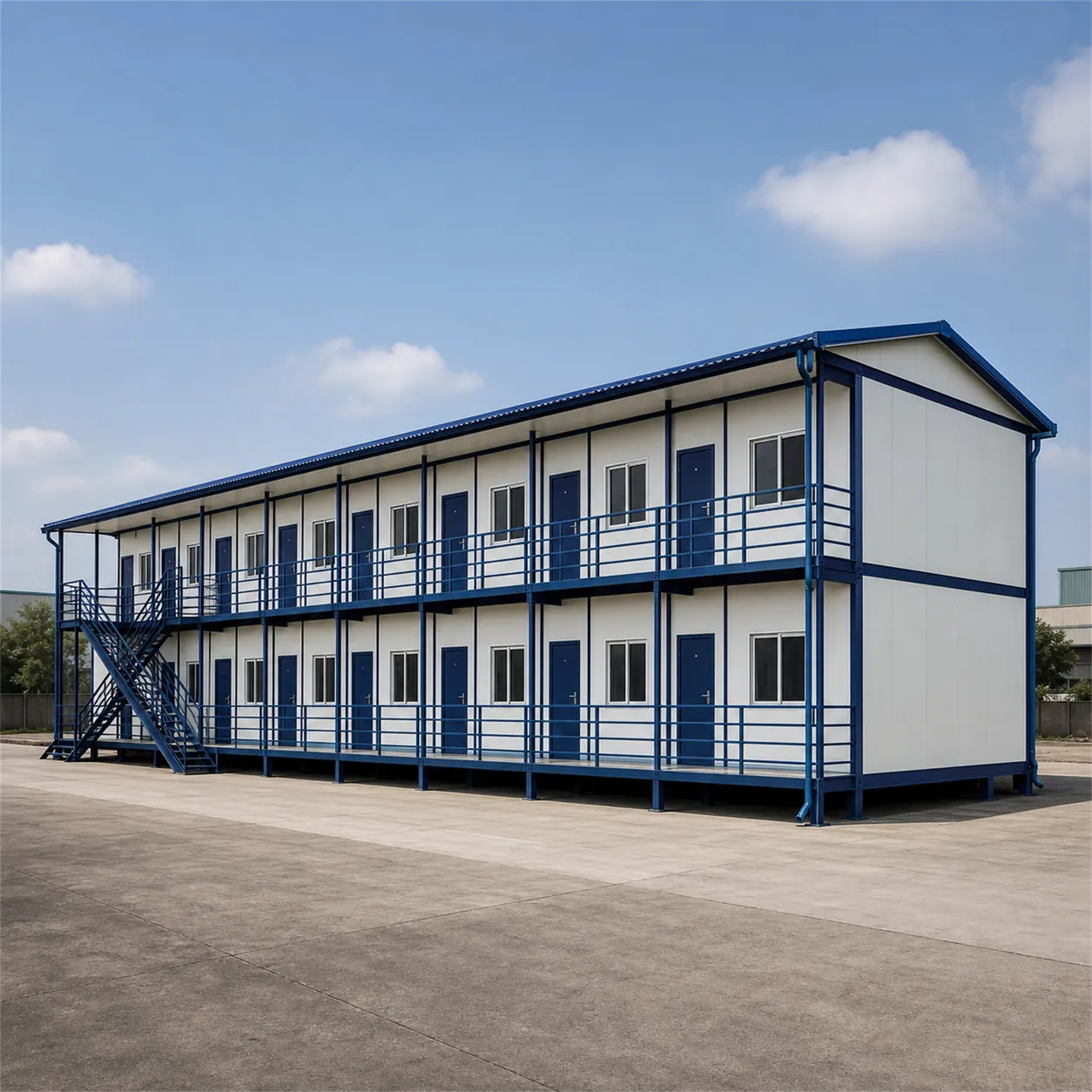 Long two-storey colony block viewed from the right with the blank gable end nearest the camera