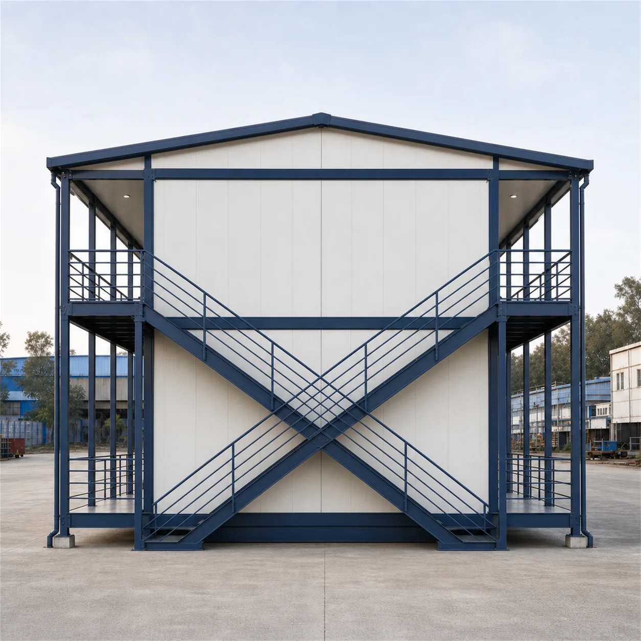 End elevation of the 120x24 ft colony block with a crossing external steel stair to the upper walkway