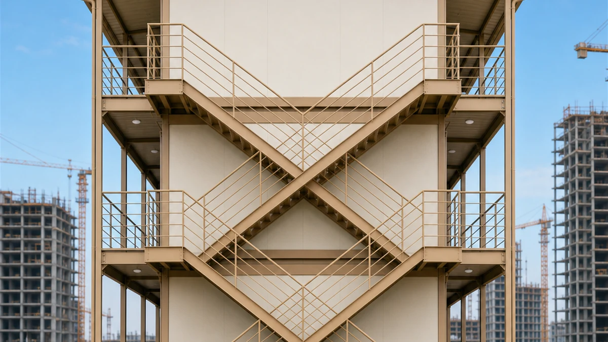 End elevation of the largest colony building showing the X-pattern stair serving three floors.