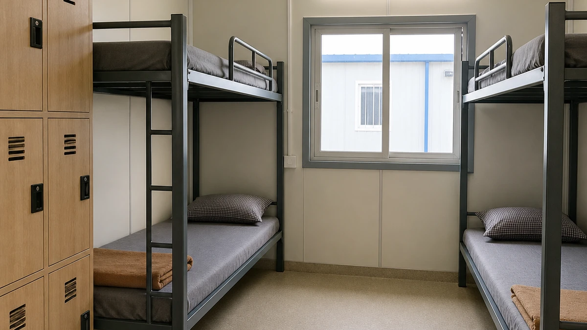 Locker line and ventilators inside the compact colony dormitory.