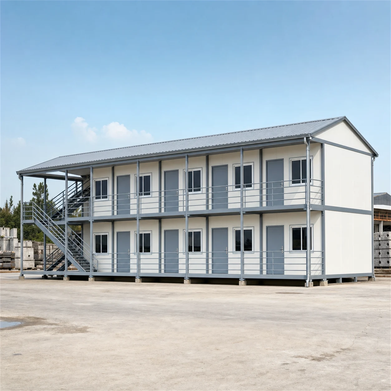 Explore range card for Two-storey labour colony block with cream panels, grey steel frame and railed walkways on both levels