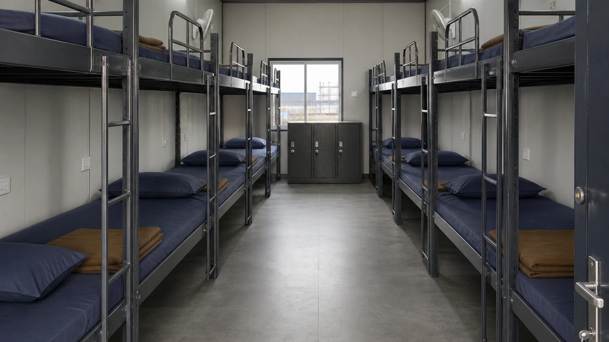 Dormitory room in wide view, double bunks in ordered rows under strip lighting.