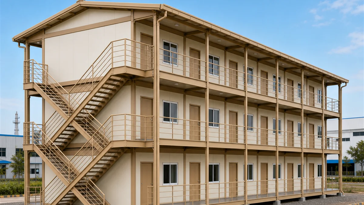 Three-floor 90x24 ft colony block from the stair end, all landings visible in one frame.