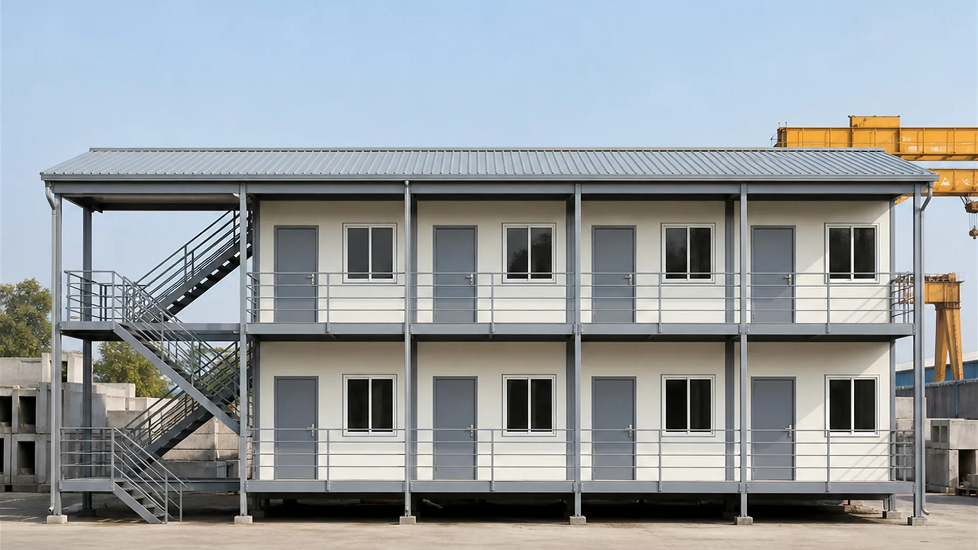Front elevation of a two-storey labour colony block with walkway railings and roof canopy