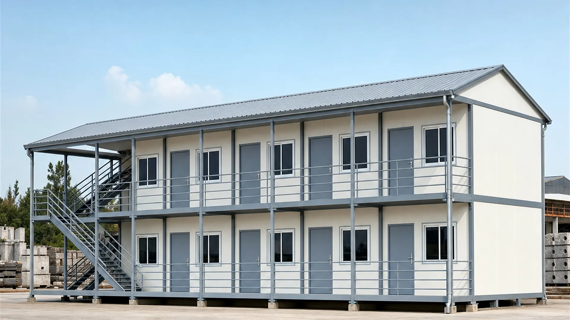 Labour colony block viewed from the front left, showing door and window bays on both floors