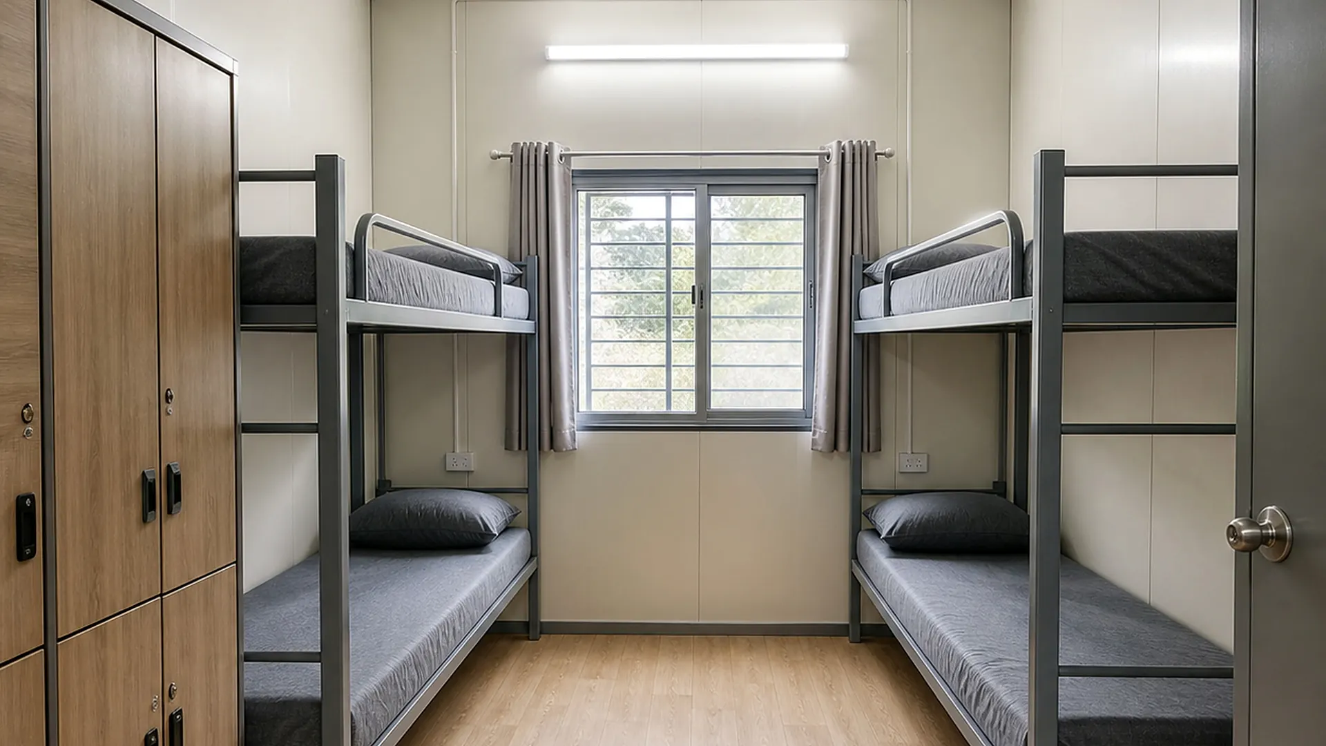 Colony room interior with two double-tier bunks, a lockable wardrobe unit and a sliding window