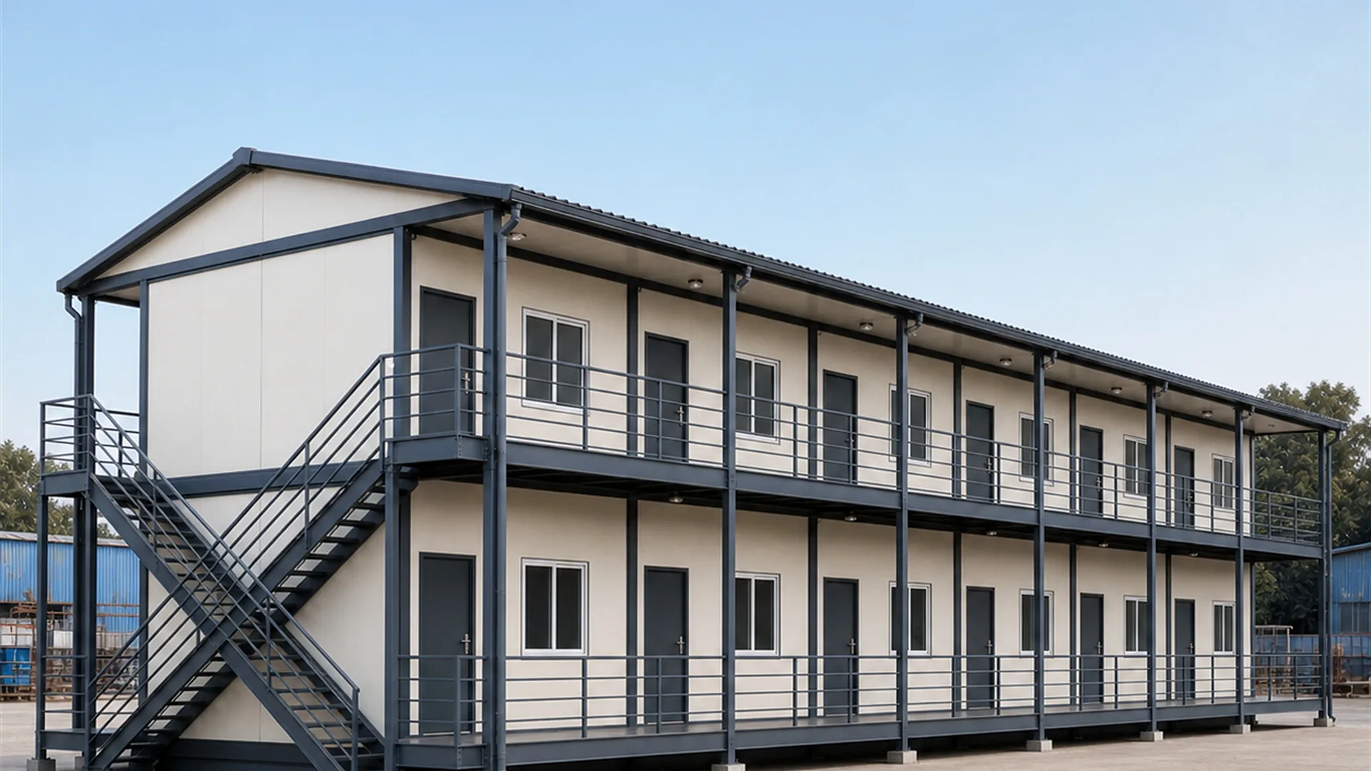Two-storey labour colony block on a paved site, with external stair and railed walkways to both floors