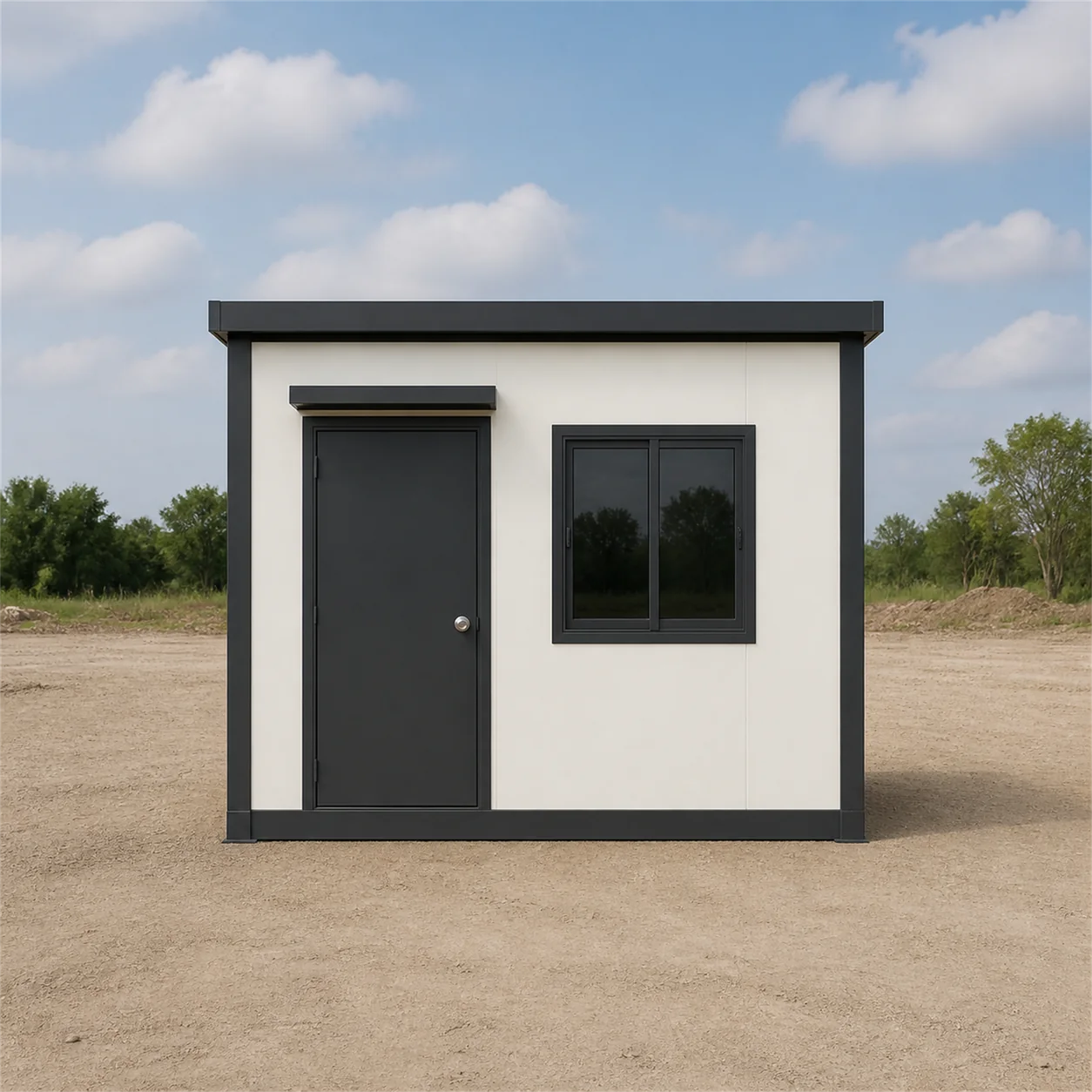 Explore range card for Front elevation of a 10x10 ft single-storey labour hutment, ivory wall panels with charcoal steel trim.