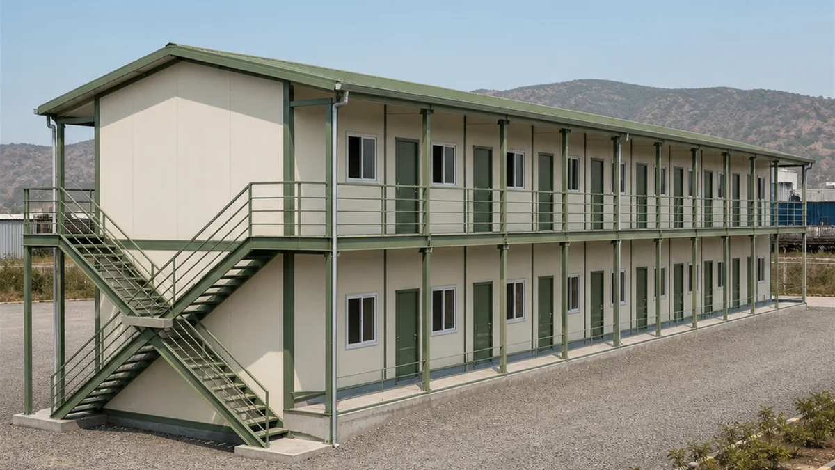 Rear three-quarter of the wide-body hutment showing the deeper room bays.