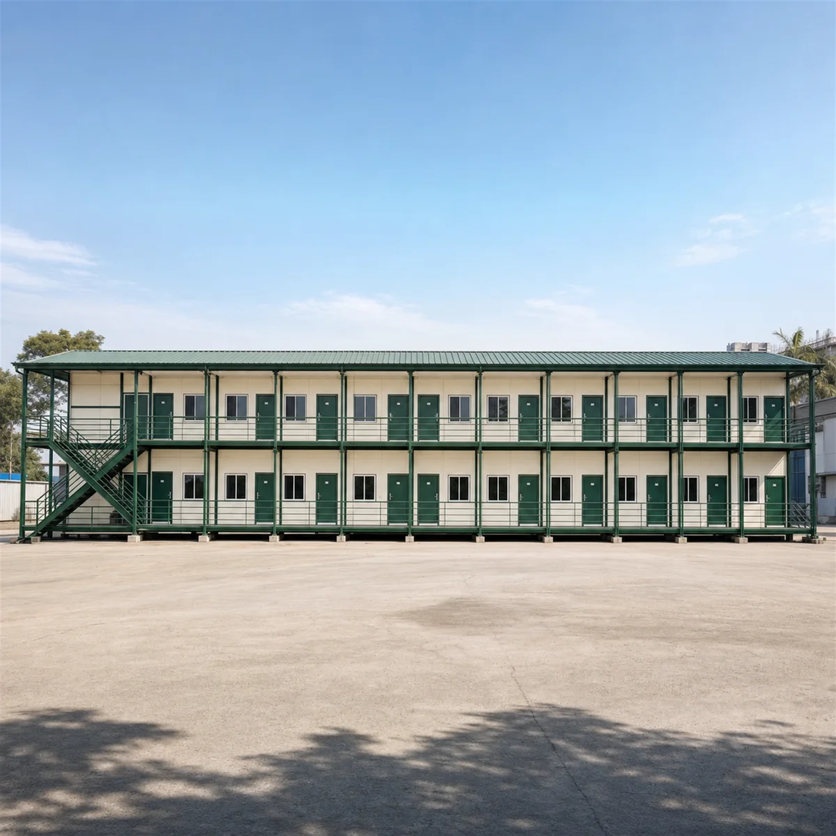 Labour hutment, 120x24 ft G+1, flat on across the whole front, both floors on a 120 ft footprint of the room-block hutment build in view.