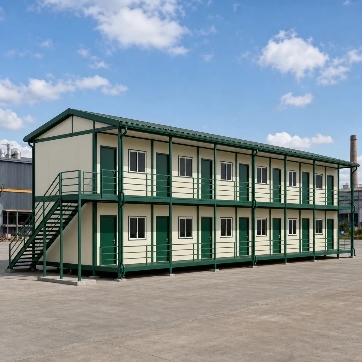Labour hutment, 120x24 ft G+1, from the front left with the end stair, two floors on a 120 ft footprint in the room-block hutment build.