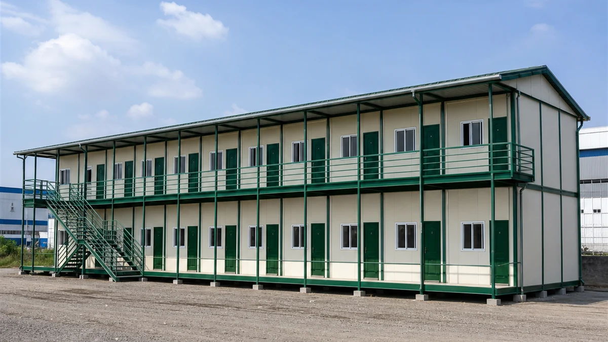 Room-block labour hutment of 120x24 ft from the corner, personnel doors repeating along the walkway.