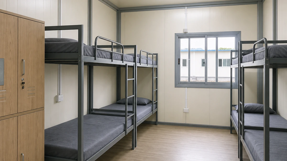 Inside one hutment room, bunks along the walls and the door to the passage.